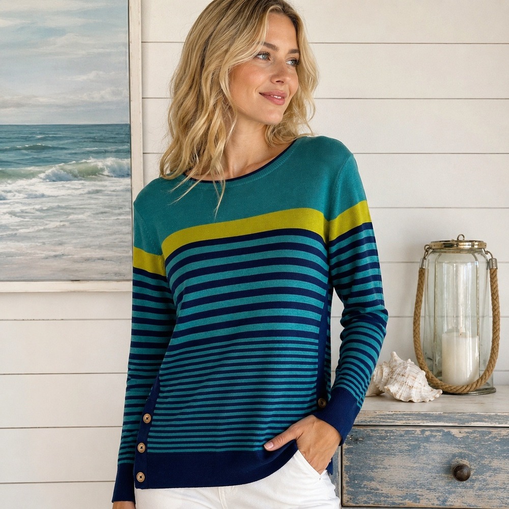 Isle Edinburgh Woollen Mill Side Button‎ Striped Sweater Size S Coastal Preppy